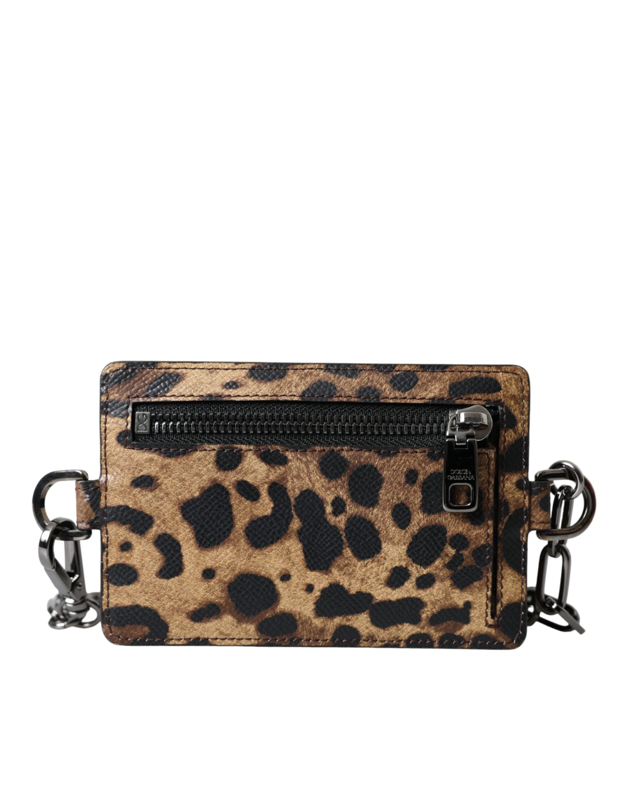 Dolce & Gabbana Kahverengi Deri Leopar Desenli Logo Plakalı Kartlık Cüzdan